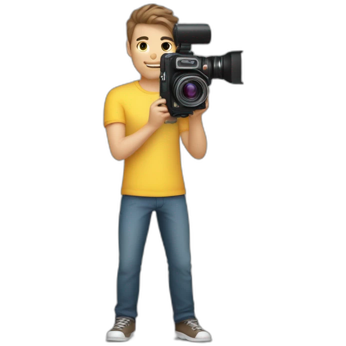 Male Photographer shaved Caucasian wavy hair brunette holding camera emoji