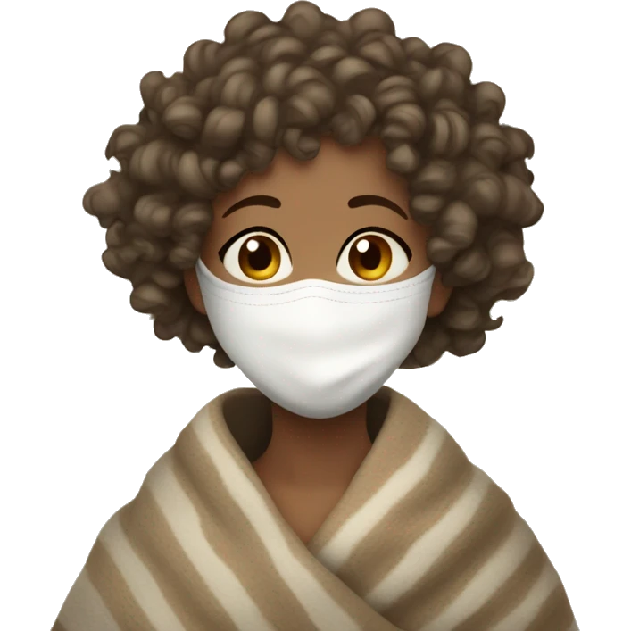 a light-skin girl with curly hair wrapped in a blanket with a cup of tea and a white facial mask on emoji