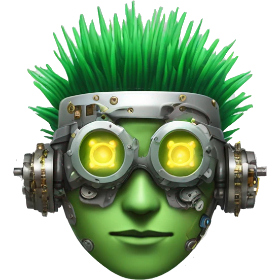 Green Mohawk hair male cyborg head with white steampunk goggles and circuits emoji