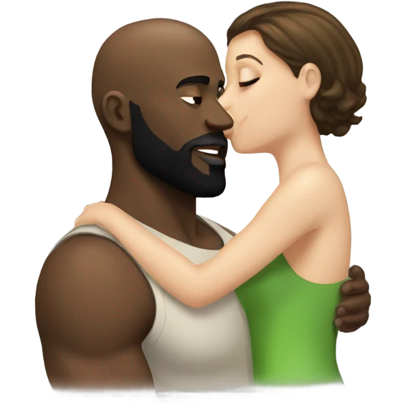 White girl brunette kissing muscular black bald man with beard emoji