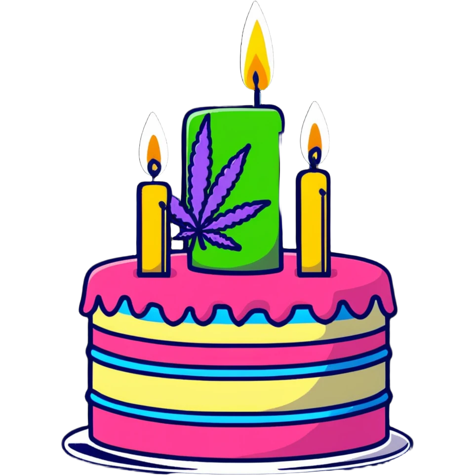 Festive birthday cake with cannabis leaf decorations and birthday candles emoji