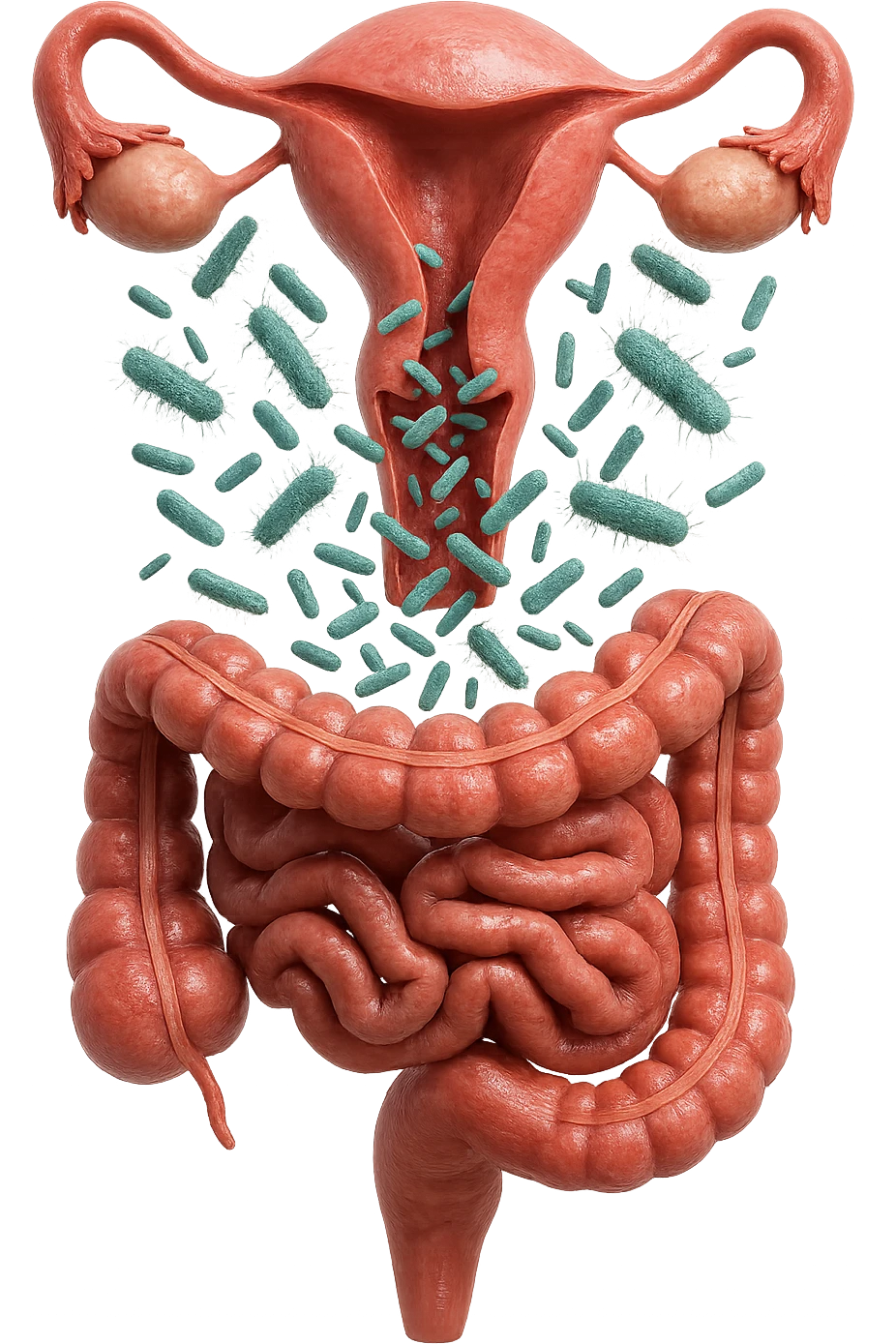 UTERO UMANO E INTESTINO ANATOMICI REALISTICI SONO UNO SOPRA ALL'ALTRO E SI PASSANO I BATTERI A VICENDA, CON BATTERI CHE ESCONO DALL'INTERNO, IPERREALISTICO 4K, NON DISEGNATO emoji