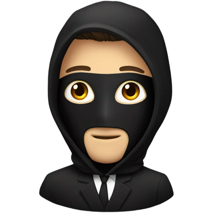 Man in a full black suit and a black hood with a black mask that has details of his face emoji