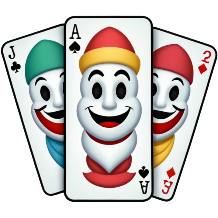 3 poker cards, with crazy colorful human jolly jokers inside, inversed face, cuphead style emoji