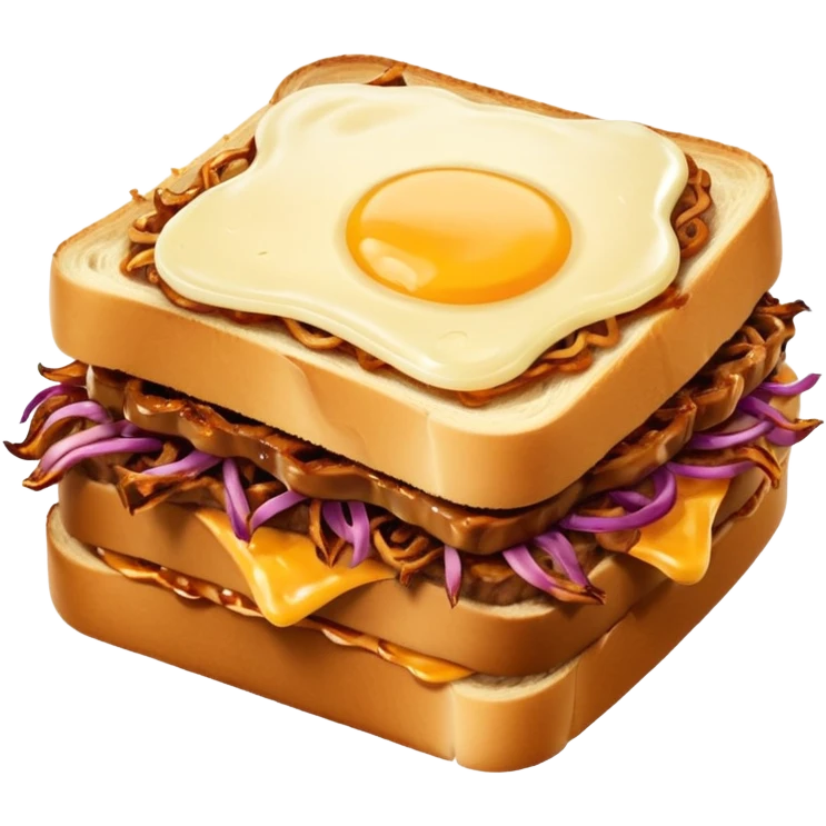 BBQ pulled pork frisco melt on texas toast with crispy onions, no egg on top emoji