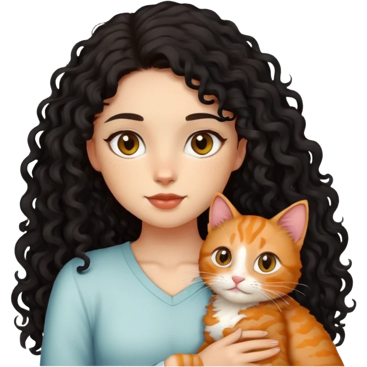 girl with long black curly hair holding a ginger cat emoji
