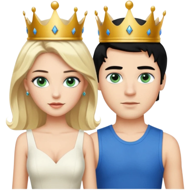 Prince with crown, black hair, body, legst, blue eyes, woman blonde hair, green eyes, sexy white short sleveless dress, shoes emoji