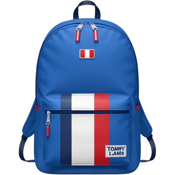 simple blue backpack, at the bottom pocket there is a  logo featuring a Tommy Jeans-inspired logo. The logo looks like a vertical one red, one white. The flag are vertical, not horizontal. Flat

 emoji