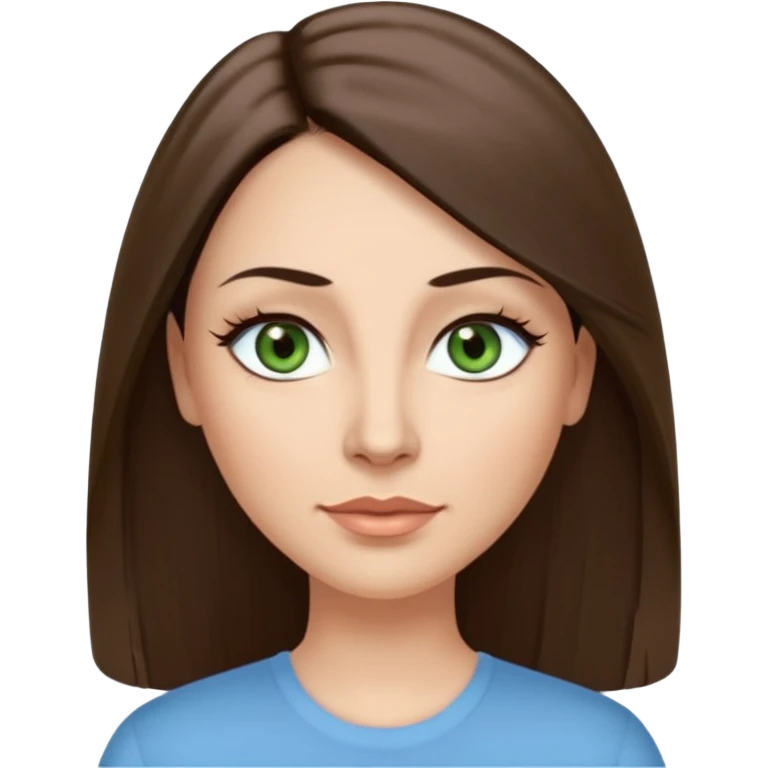 43 year old Adult woman avatar, light skin tone, long, oval face, long straight ashy brown hair, green almond-shaped eyes with dramatic eyelashes and minimal eyeliner, neutral mouth, medium straight eyebrows, small nose, smooth skin, sky blue blouse emoji