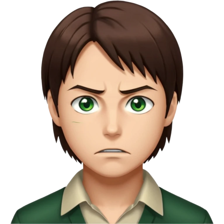 “Create an avatar that looks like Eren Yeager from Attack on Titan, Season 4 — sharp jawline, tied-back long brown hair, intense green eyes. emoji