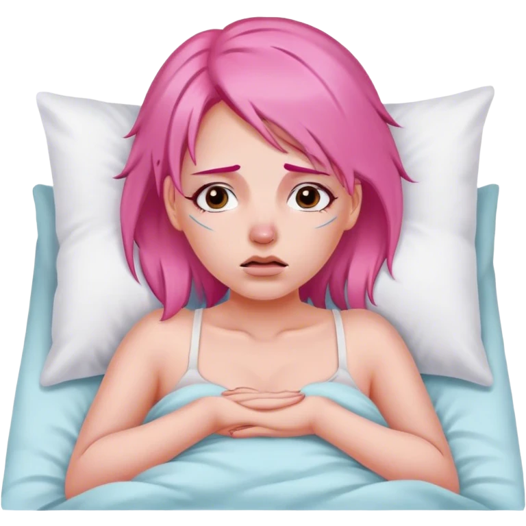 Woman with pink hair In bed with sinus pain  emoji