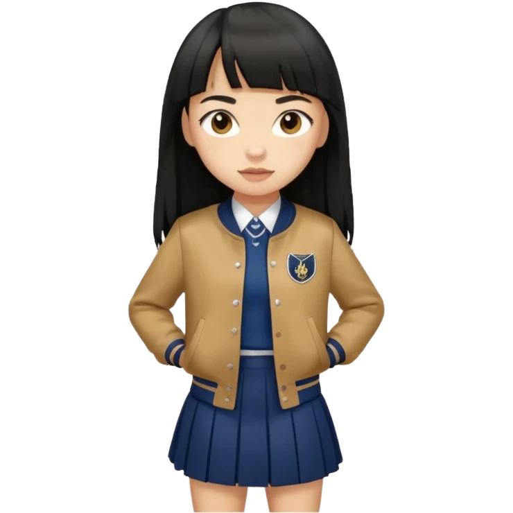 hair : black long hair with fringe 
skin : light 
cloth : brown varsity jacket + navy long long school girl skirt 


 emoji