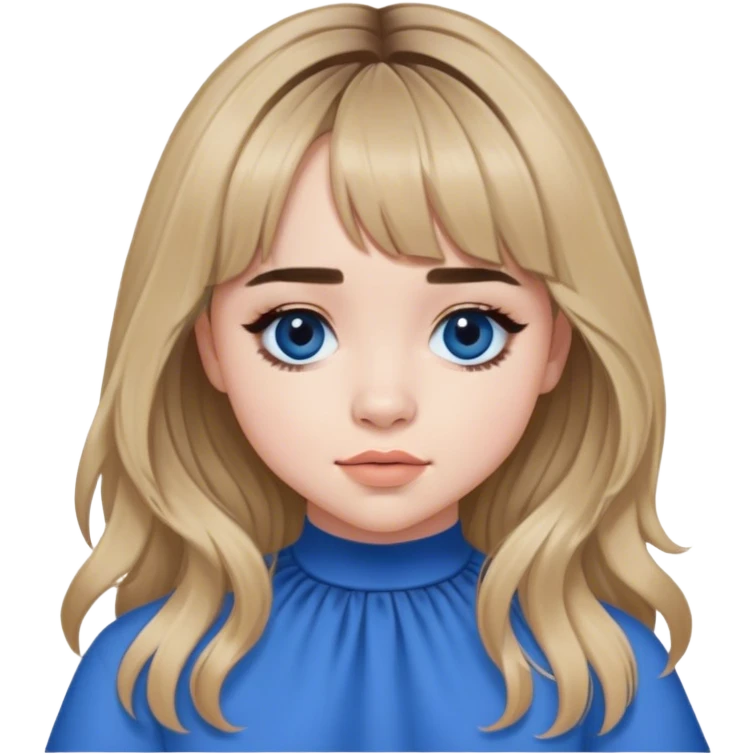 Sabrina carpenter with curtain bangs and wearing blue  emoji