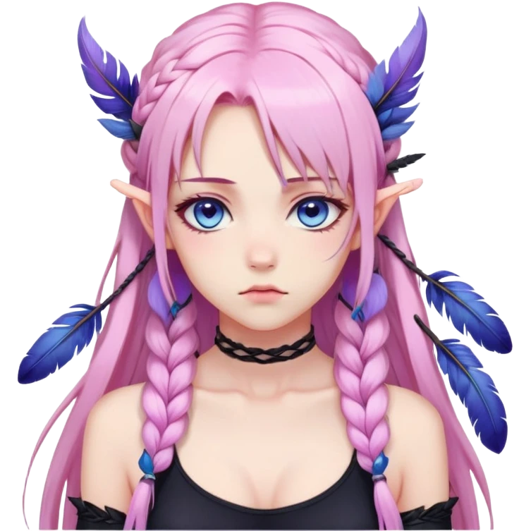 Gorgeous beautiful pretty grumpy anime lady long-pale-pastel-pink-hair with one braid on each side, purple-pink feather-ear-cuffs in hair, black bodysuit, blue eyes, pink iris, ethereal, fashion aesthetic  emoji