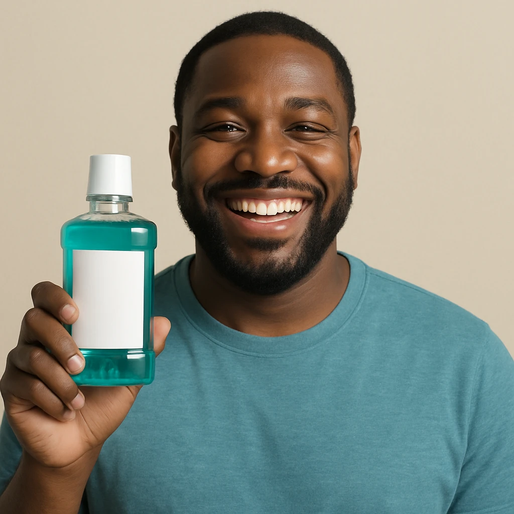 A happy Black man showing mouthwash, big smile, straightforward composition, plain background. emoji