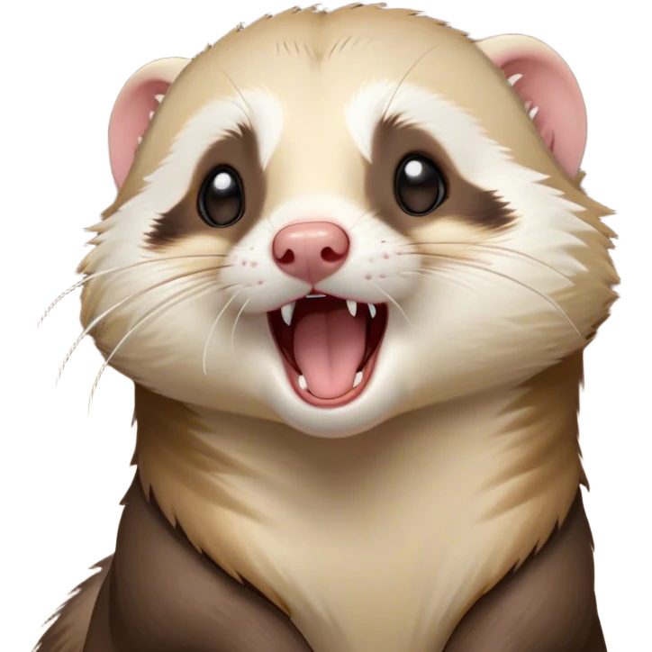 Cinematic Cute Yawning Ferret Portrait Emoji, Head tilted slightly with an exaggerated, wide-open yawn, showcasing a long, flexible body with a plush coat in soft brown and cream, droopy, drowsy eyes, and a relaxed expression, Simplified yet irresistibly endearing features, highly detailed, glowing with a soft, cozy natural glow, high shine, relaxed yet expressive, stylized with a dash of whimsical charm, soft glowing outline, capturing the essence of a sleepy yet affectionate ferret that seems ready to curl up for a nap! emoji