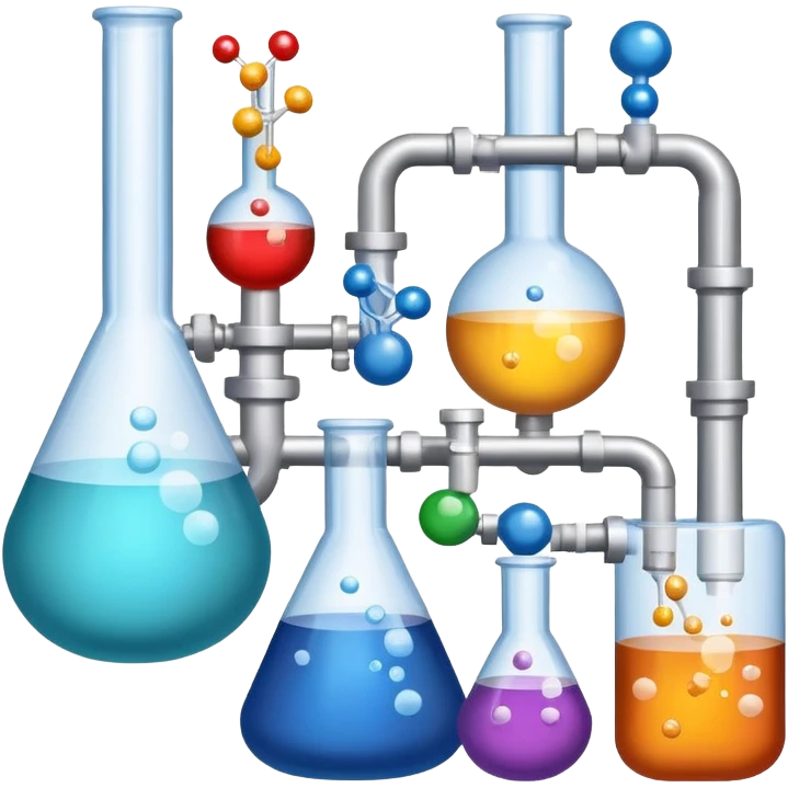 An icon featuring chemical flasks with tubes, representing hydrolysis, along with liquids, powders, and chemical formulas. The design includes molecules and reaction symbols, symbolizing the study of chemical processes and compounds. Transparent background highlights the science of reactions. emoji