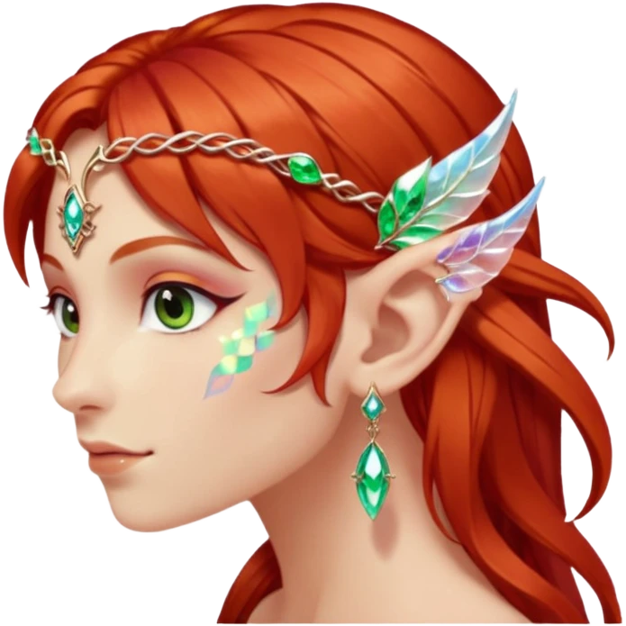 portrait of red haired Elvish fae shiny sparkly iridescent translucent diaphanous ear climber ear cuff emoji