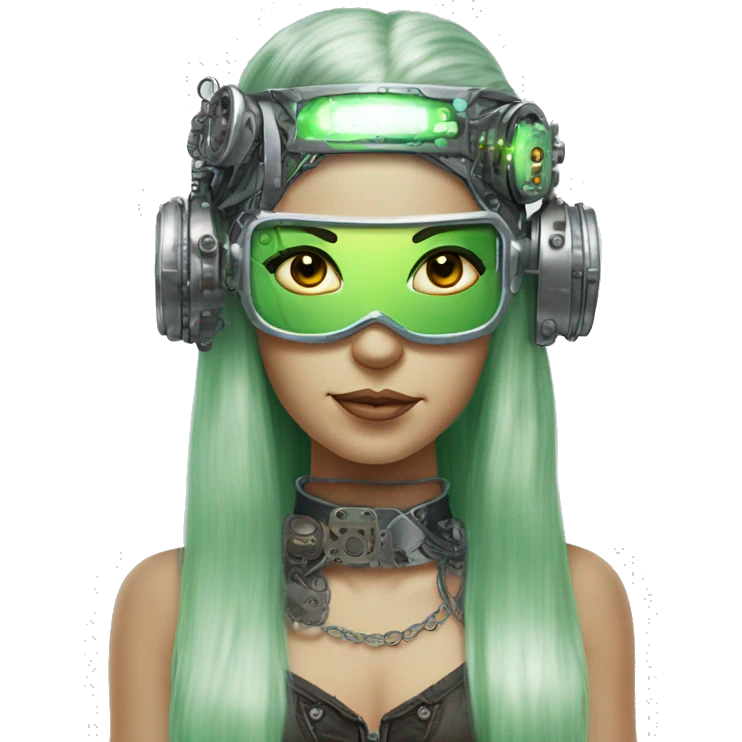 Light green long hair female cyborg head with silver steampunk headband goggles, circuits emoji