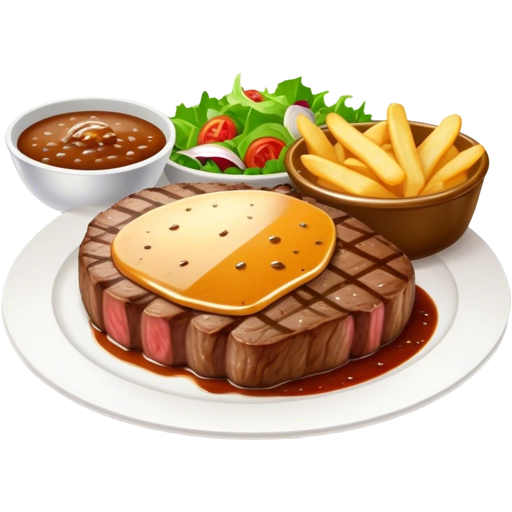 big juicy australian steak meal featuring chips, small salad in a ramiken and gravy  emoji