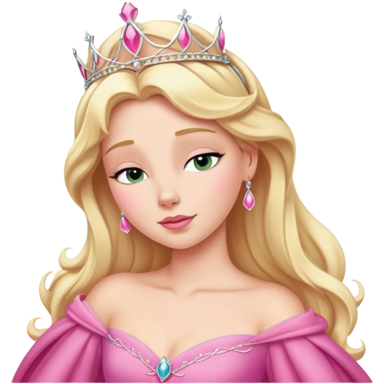 Aurora Sleeping Beauty from hips up, iconic pink gown, blonde hair with tiara, minimal style but very recognizable emoji