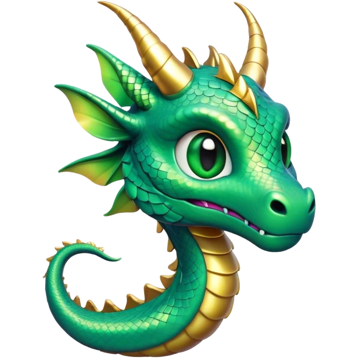 Cinematic Cute Dragon Portrait Emoji, Head tilted playfully and inquisitively, featuring a sleek, serpentine form adorned with iridescent scales that shift between emerald and gold, a delicate set of subtle horns, and round, sparkling eyes full of curious magic; rendered with realistic detail and warm natural light, high shine, affectionate and enchanting, styled with a touch of whimsical fantasy, soft glowing outline, capturing the essence of a mischievous yet lovable dragon that seems poised to slither playfully into your arms! emoji