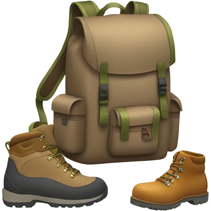 A backpack and boots on a trail with a mountain in the background. emoji