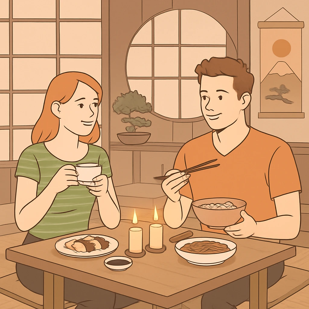 Young couple having a romantic dinner date in a modern Japanese cafe. The woman is holding a teacup while the man is using chopsticks. The cafe features shoji screens, tatami seating area, and traditional Japanese decorative elements. emoji