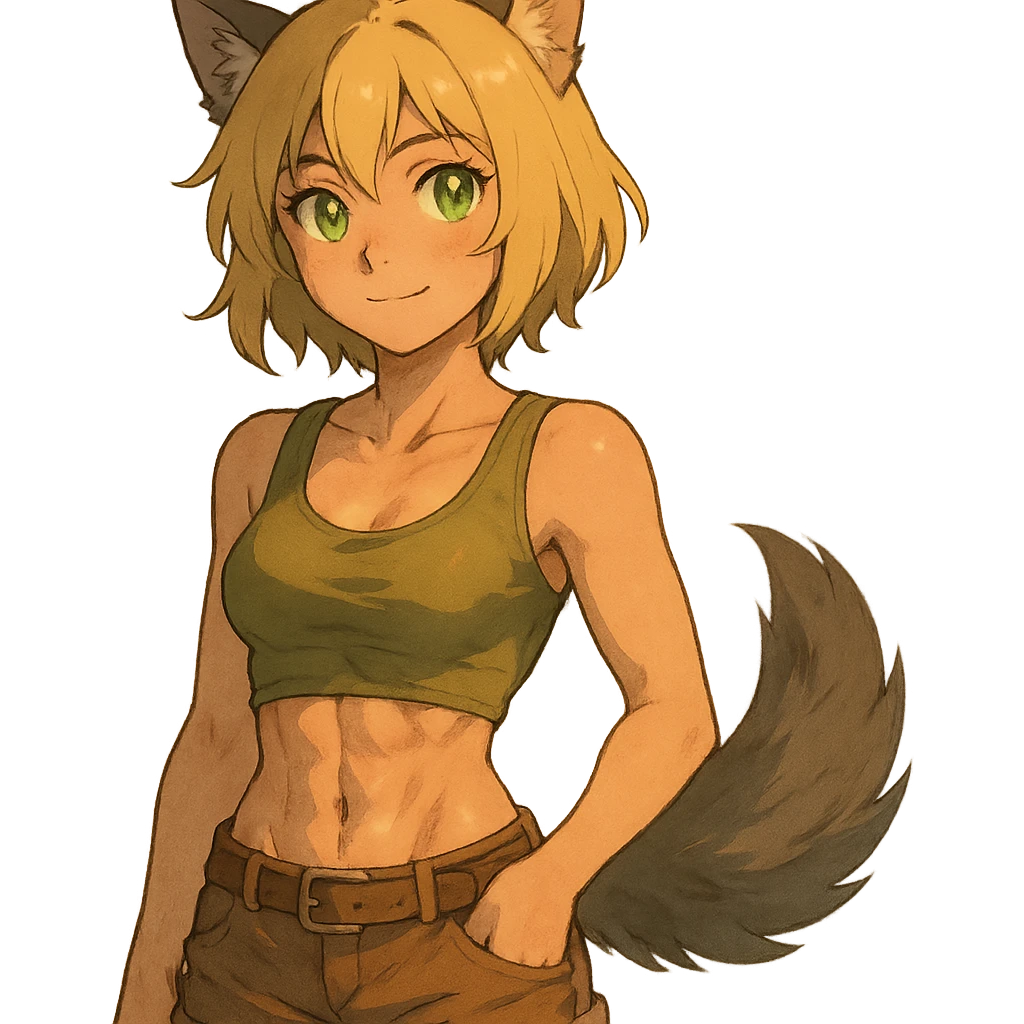 anime style furry girl with wolf ears and tail, short blonde hair, green shining eyes, hourglass figure, attractive abs, soft skin, evening vibe, ghibli style emoji