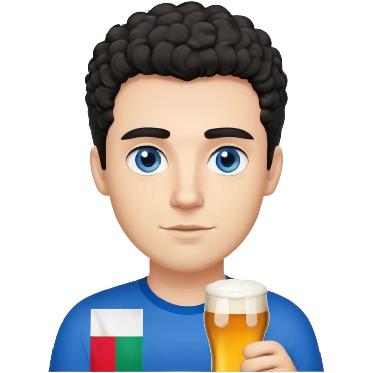 white guy thick eyebrows blue eyes with short curly black hair holding beer wearing a shirt with the italian flag emoji