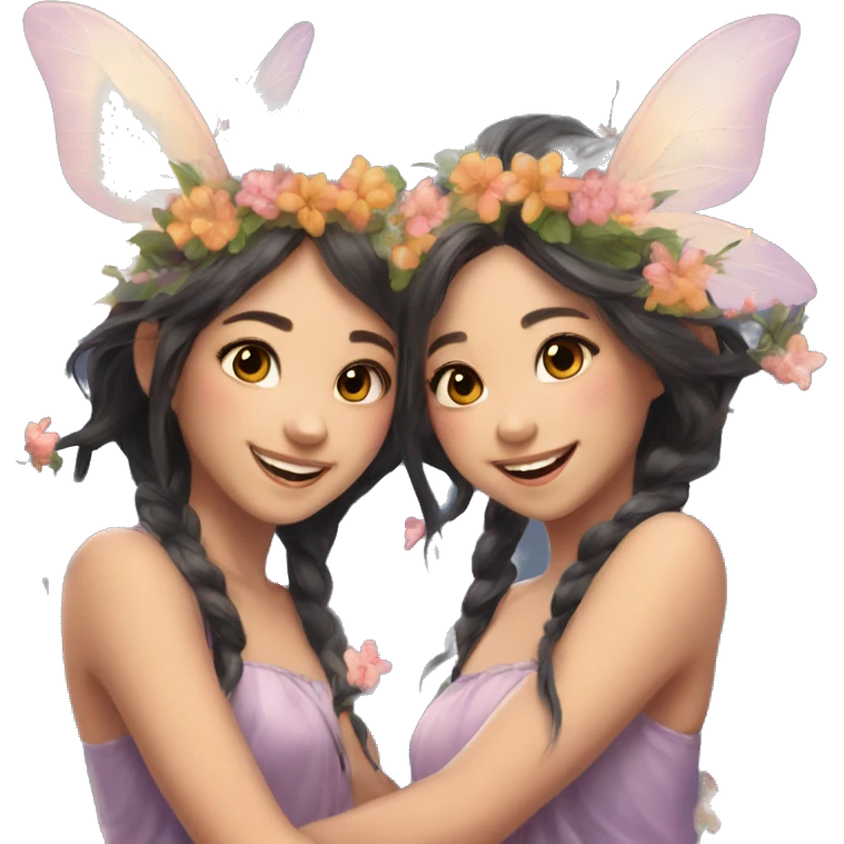 two fairies flying, beautiful, flowers in hair, smiling, aesthetic,asian girls emoji