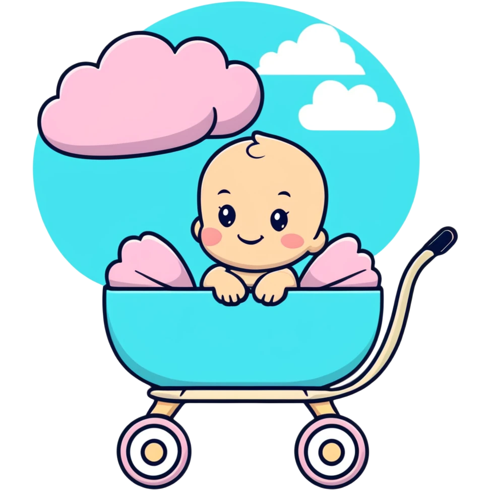 happy baby sitting in pink and beige stroller with pastel blue clouds decoration emoji