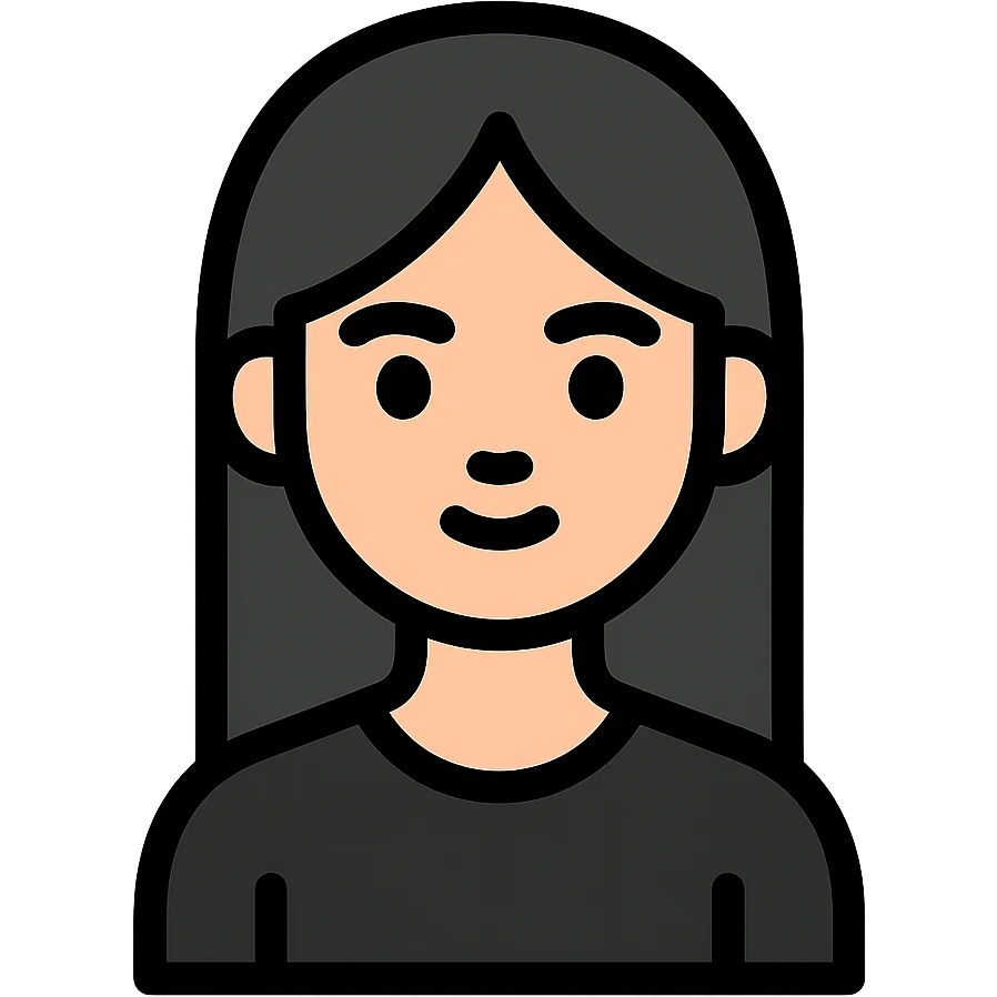 white girl, black long straight hair, brown eyes, dark eyebrows, small lips, black t-shirt emoji