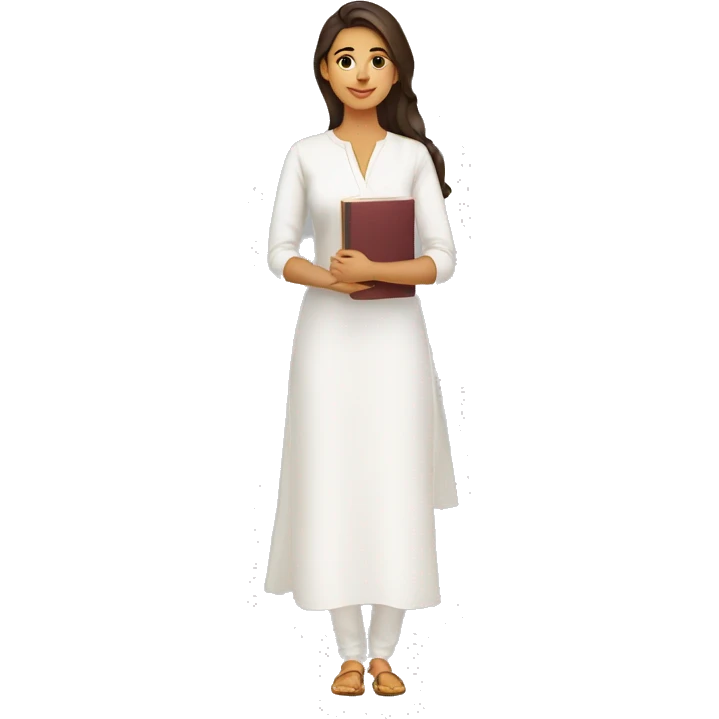 A modern women wearing  simple full white kurti and book in hand emoji