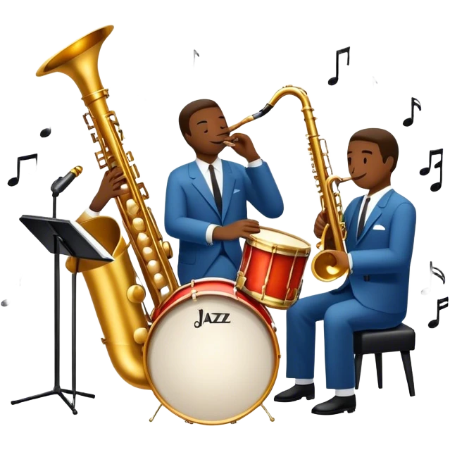 Icon for Jazz Music: The Jazz Messengers, featuring a dynamic composition with Art Blakey on drums and musicians playing saxophone, trumpet, and piano. Musical notes and a warm jazz club atmosphere emphasize the vibrant hard bop style. Transparent background. emoji