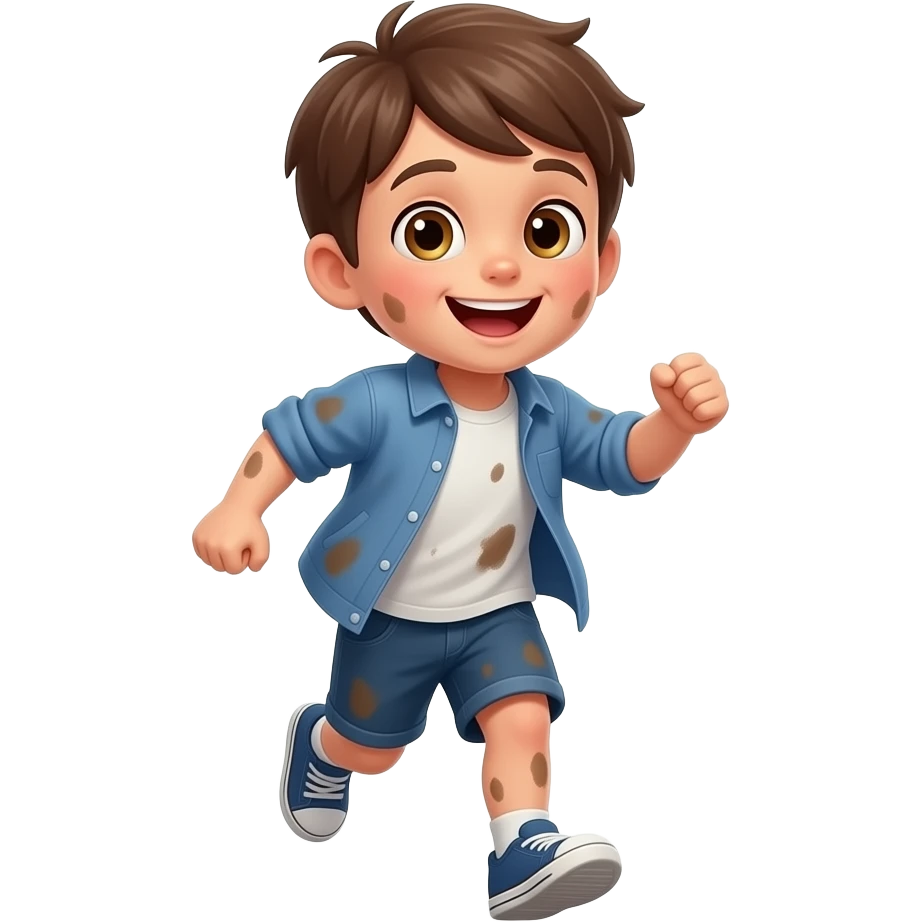 un chico con los ojos hazules i el pelo castaño. Tiene 5 años i esta emocionado. tiene la ropa manchada esta corriendo emoji