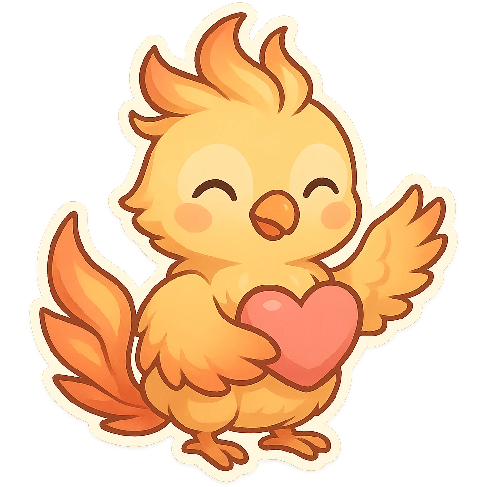 mythical emote showing care and affection, cute phoenix with soft feathers, holding a heart or giving a warm gesture, magical and friendly emoji