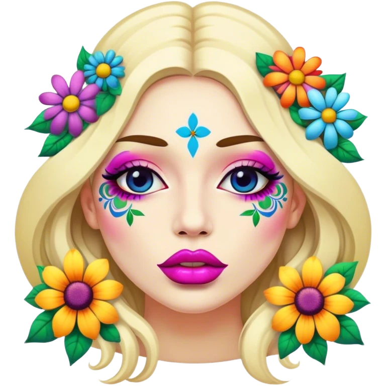 psychedelic colored lips with hippie style flowers emoji