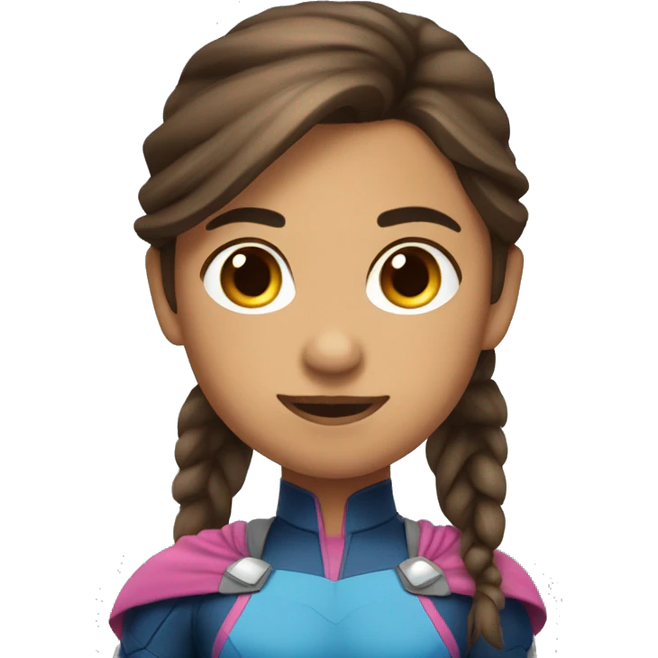 superhero, girl, bangs, long brown hair, pony tail, brown eyes, hispanic emoji