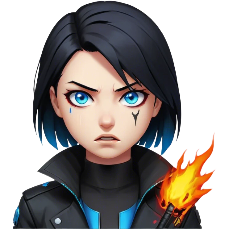 Black hair cyberpunk 2077 chibi girl with blazing blue eyes and black jacket. emotional action angry emoji