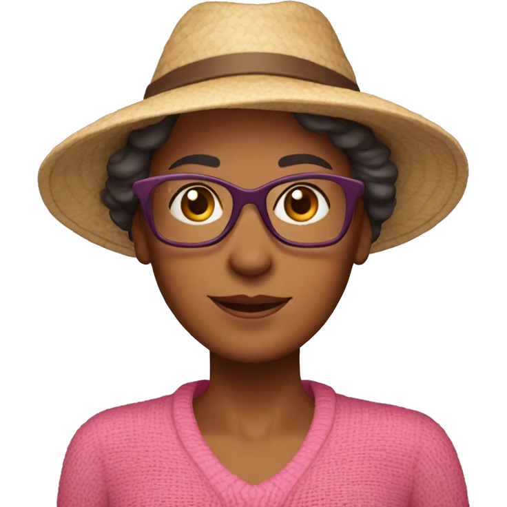 55-year-old Dutch woman with dark red colored short hair, pink sweater and brown glasses wearing beach hat emoji