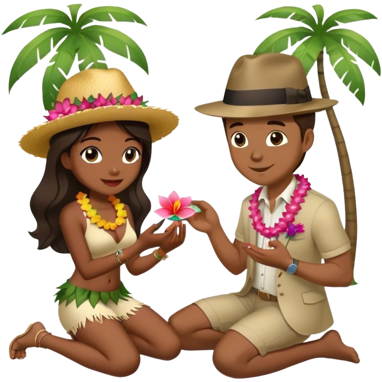 White man wearing fedora on one knee proposing to Hawaiian girl with ring  emoji