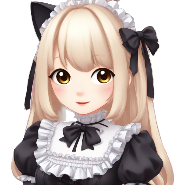 Gorgeous gothic Lolita anime style catgirl with blushing face with maid outfit laces idol model kawaiicore pearly petite simplistic aesthetic trending style emoji