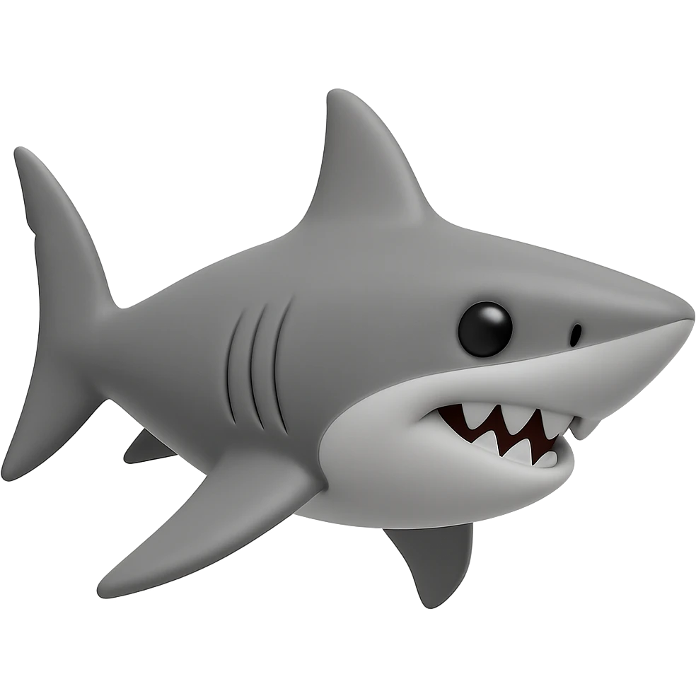 Edit the shark emoji to have a smooth, cartoonish, 3D emoji look in gray color, no legs, no sneakers, no background, just the shark facing left, inspired by the provided reference image. emoji