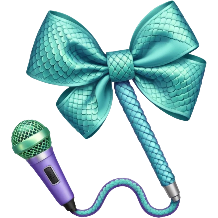 A pastel blue bow with a pastel a pastel green snake at the top of one side and a pastel purple microphone on the bottom of the other side of the bow emoji