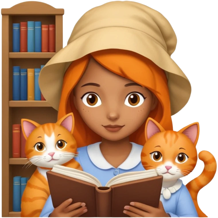 Brown girl with a bonnet on reading a book with her orange cat laying next to her emoji