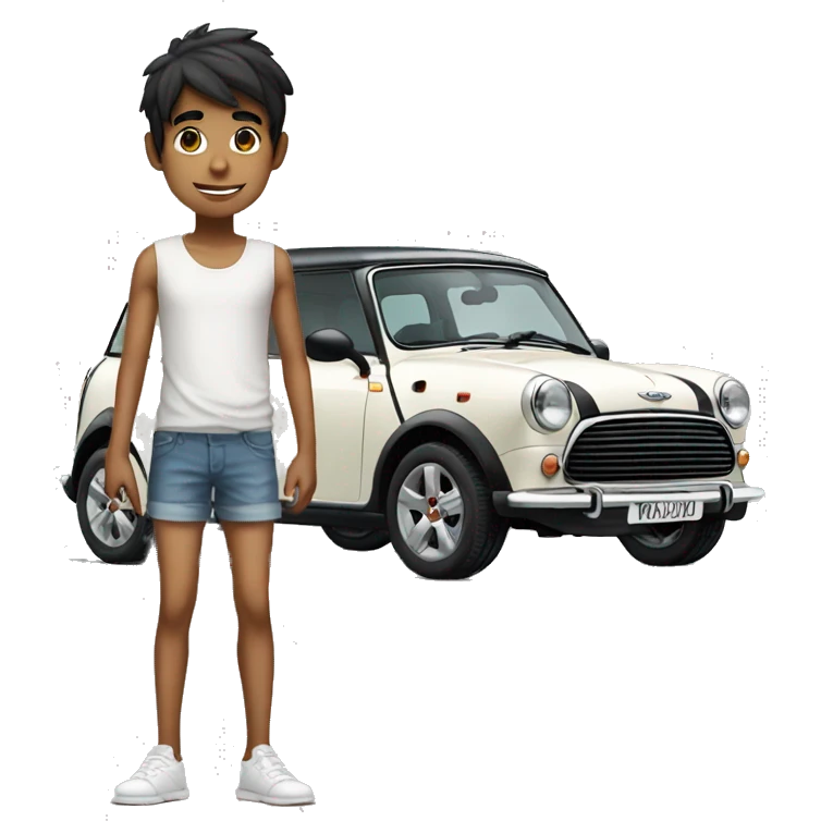 slender indian boy on shorts standing next to a white mini cooper emoji