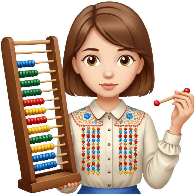 A Ukrainian girl with brown hair in an embroidered shirt holds an Abacus emoji
