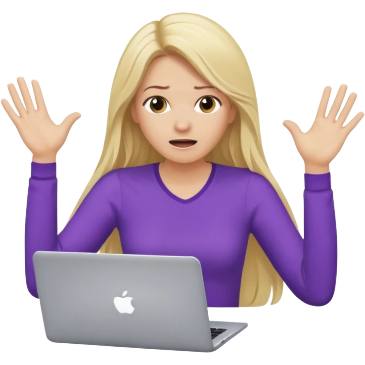 lady with long blonde hair, purple top throwing her with a laptop hands in the air saying why emoji