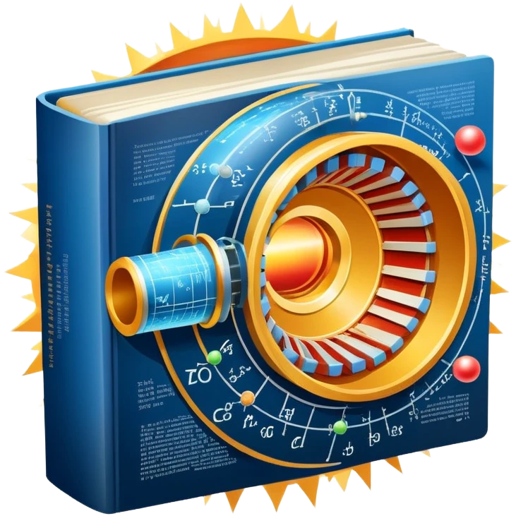 An icon featuring a physics textbook, a large Hadron Collider with particles flying off, symbolizing the study of physics. The design includes atomic models, energy waves, and scientific formulas, representing fundamental physical principles and research. Transparent background. emoji